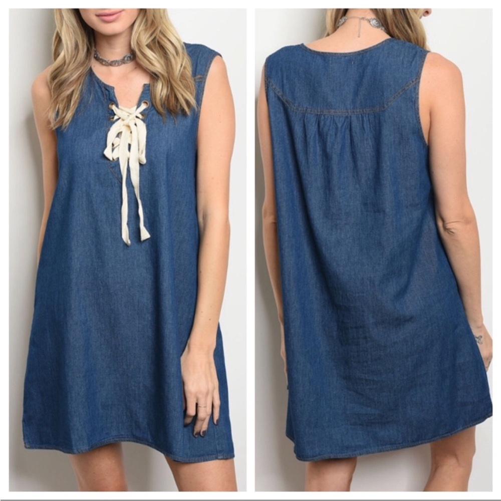 Denim Tie Front Dress - Picture 1 of 8